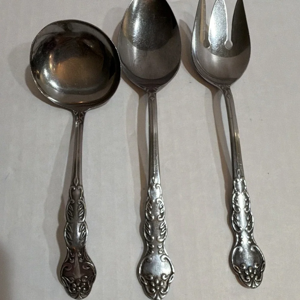 National Stainless Steel Serving Spoon, gravy ladle , and Fork Floral Handle